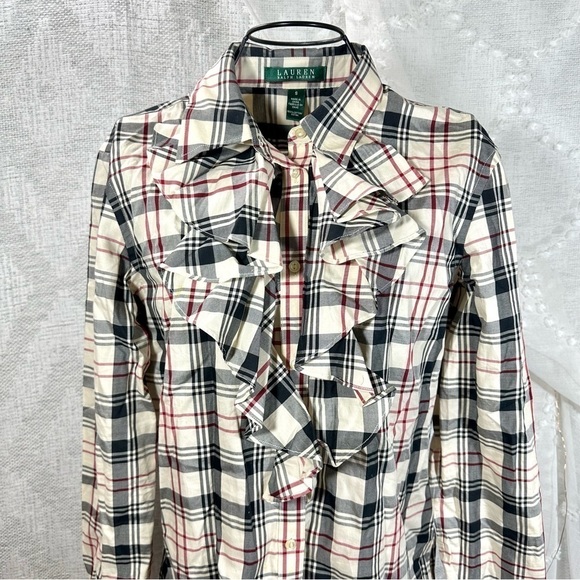 Lauren ralph lauren plaid ruffle front button down shirt size S - Picture 3 of 8